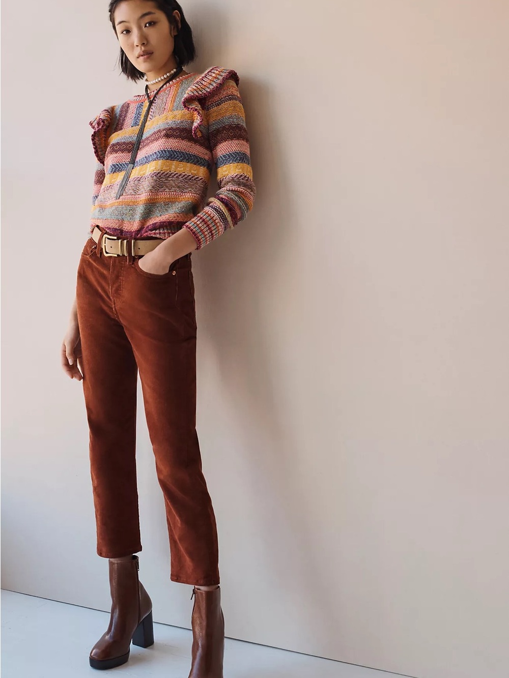Pilcro Striped Ruffle-Shoulder Crewneck Sweater in Pink, Blue & Yellow 2X - Picture 4 of 11